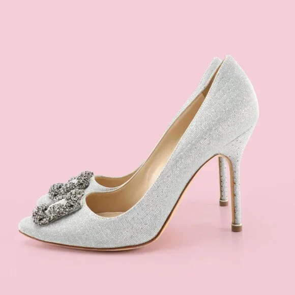 Manolo Blahnik Hangisi Silver Shimmery Embellished Pumps - Picture 3 of 8